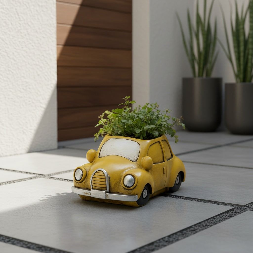 Pot de fleur voiture jaune en résine 15 cm avec drainage