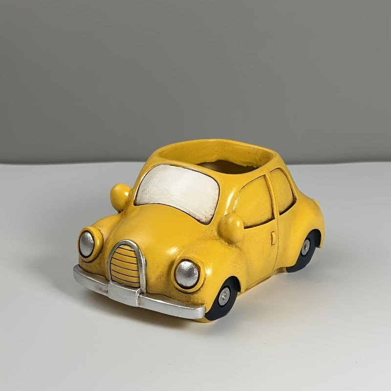 Pot de fleur voiture jaune en résine 15 cm avec drainage