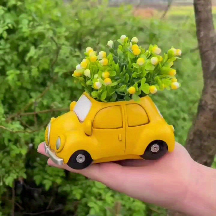 Pot de fleur voiture jaune en résine 15 cm avec drainage