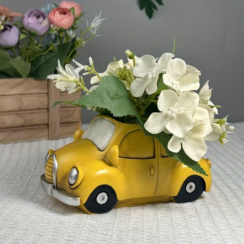 Pot de fleur voiture jaune en résine 15 cm avec drainage