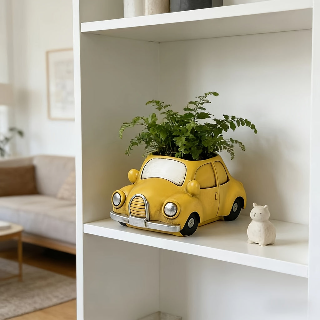 Pot de fleur voiture jaune en résine 15 cm avec drainage