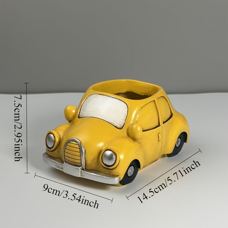 Pot de fleur voiture jaune en résine 15 cm avec drainage