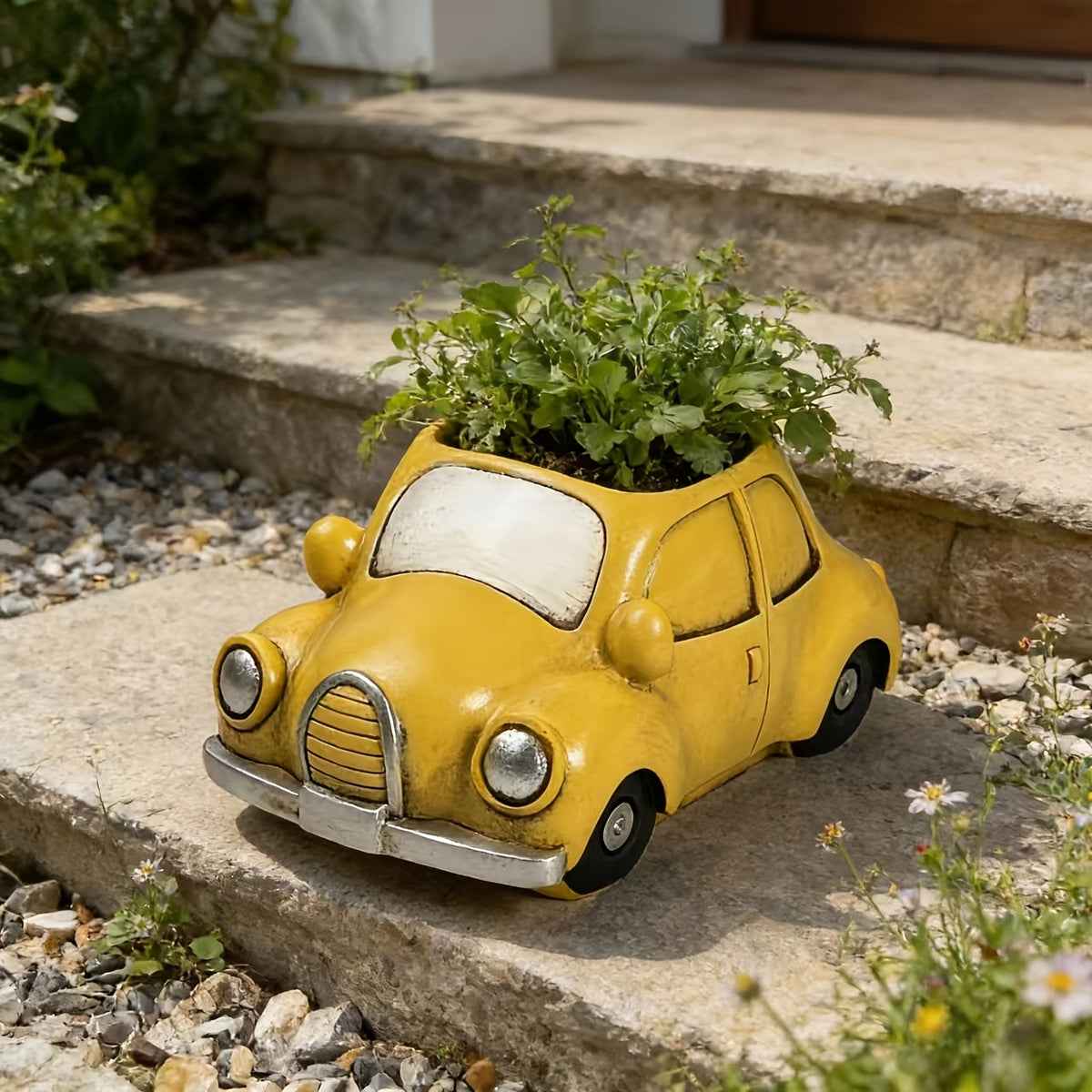 Pot de fleur voiture jaune en résine 15 cm avec drainage