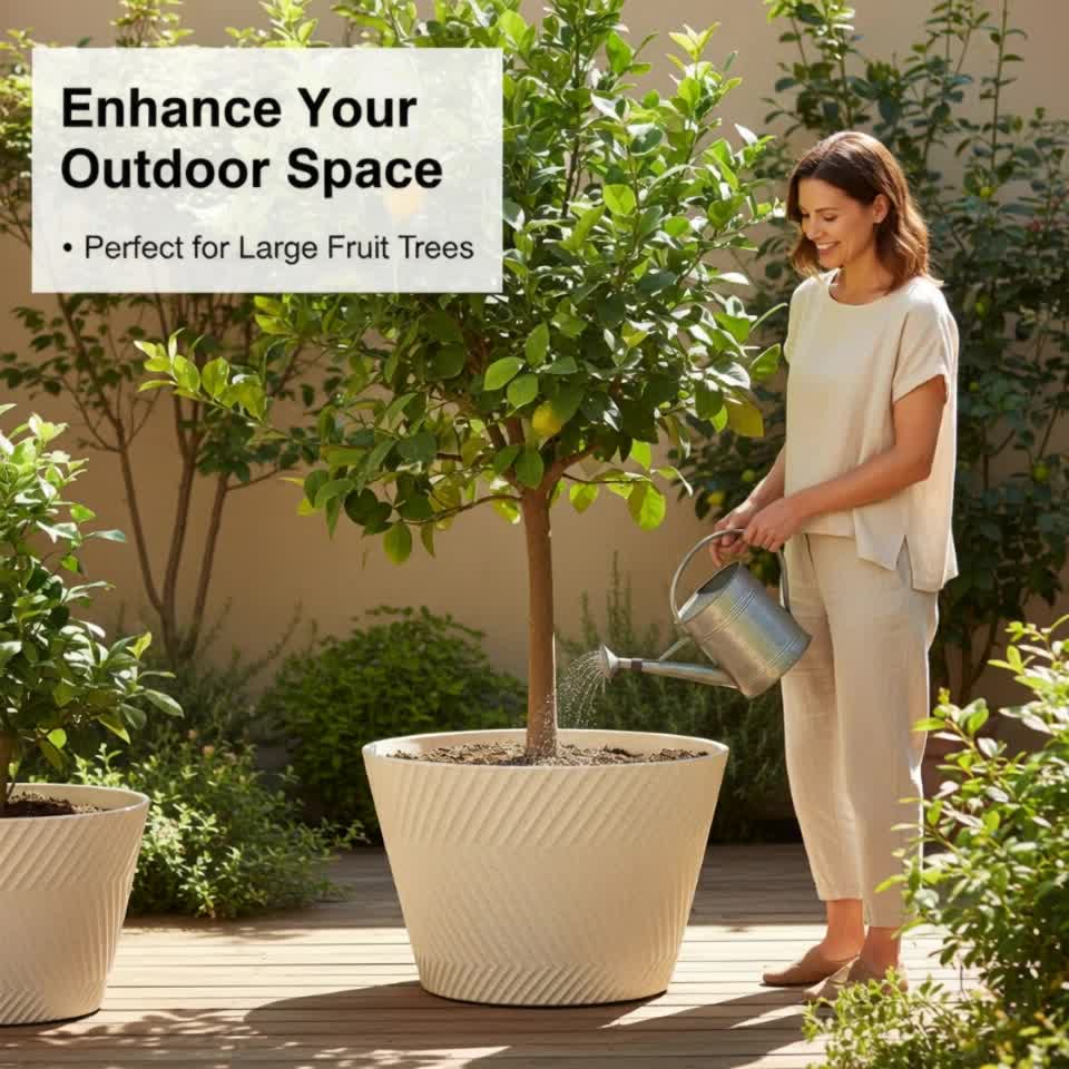Pot de fleur XXL Ø 46 cm beige texturé pour arbre en pot