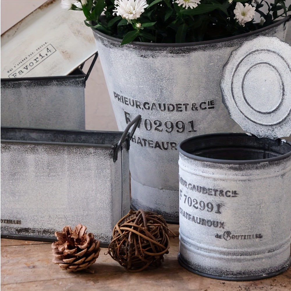 Pot de fleur en zinc blanc vieilli avec couvercle — lot de 2