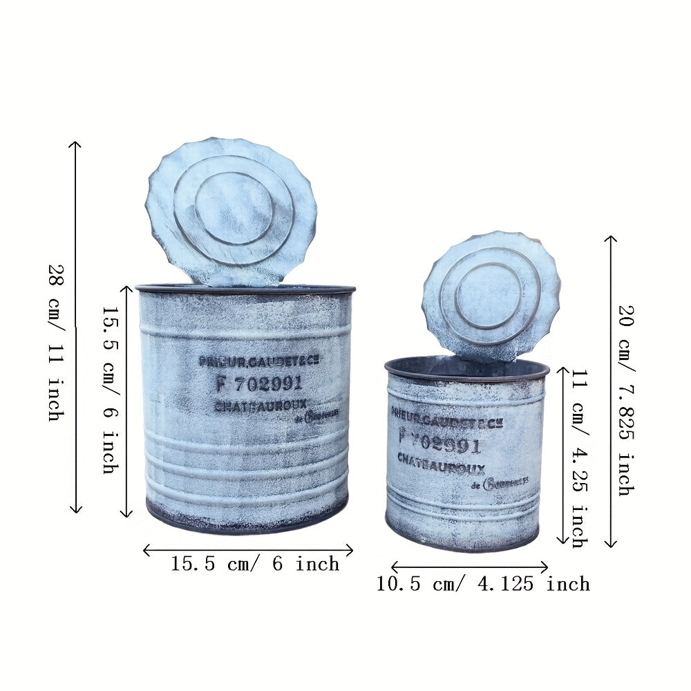 Pot de fleur en zinc blanc vieilli avec couvercle — lot de 2