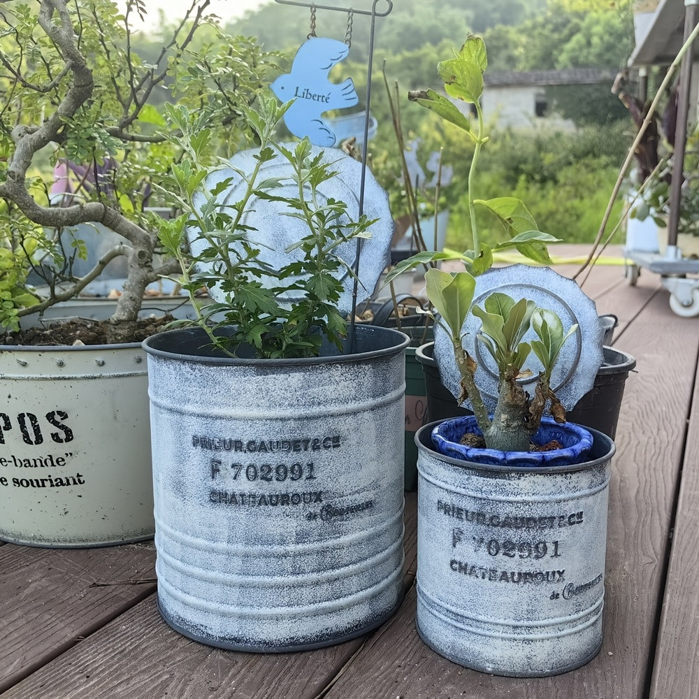 Pot de fleur en zinc blanc vieilli avec couvercle — lot de 2