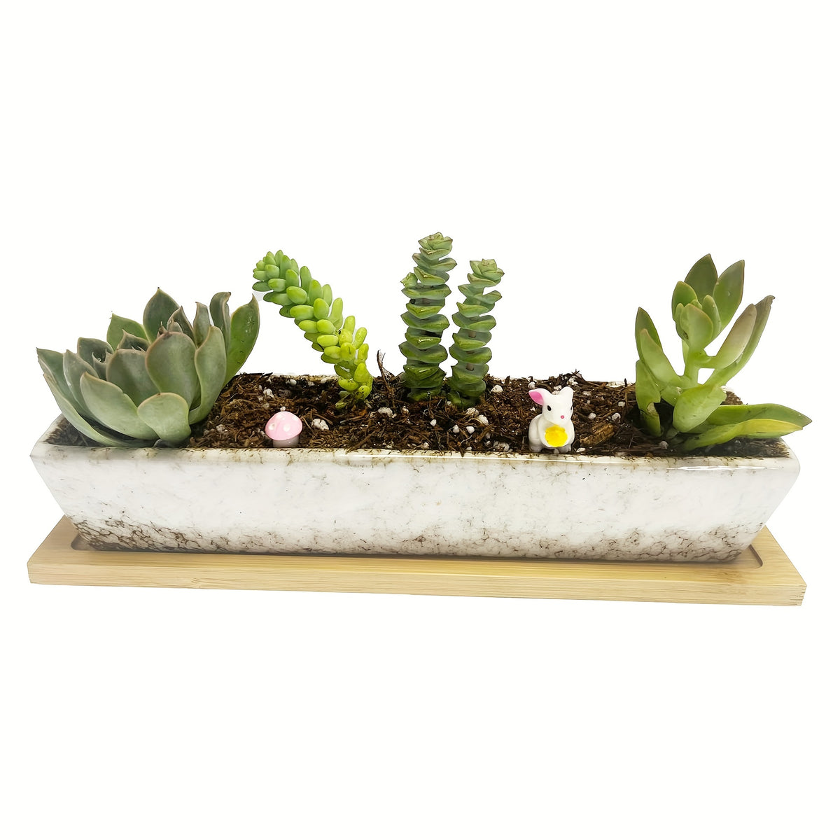 Pot de fleur rectangulaire céramique 25 cm avec soucoupe bambou