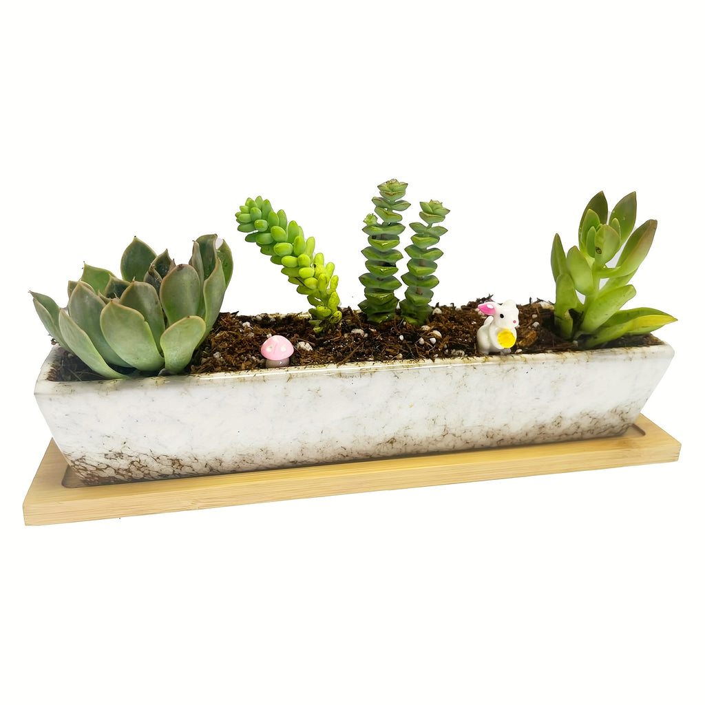 Pot de fleur rectangulaire céramique 25 cm avec soucoupe bambou