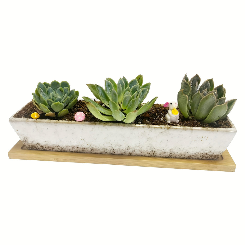 Pot de fleur rectangulaire céramique 25 cm avec soucoupe bambou