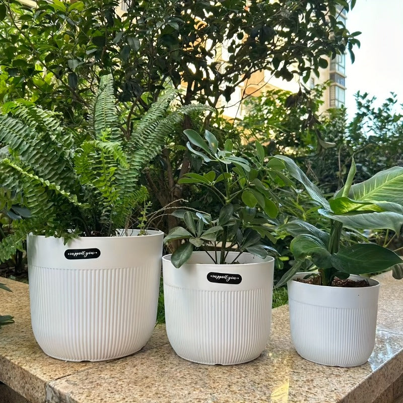 Ensemble de 6 pots de fleurs en plastique paissi  contrle des racines perle blanche comprenant 3 pots  3 soucoupes avec rayures verticales et trous de drainage  Pots ronds de style nordique moderne adapts  une utilisation intrieureextrieure