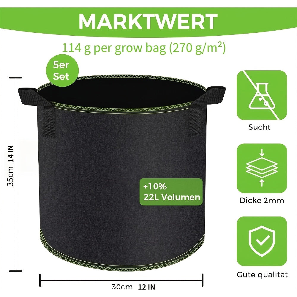 Sac de culture géotextile 22 L — lot de 5 pots en tissu noir