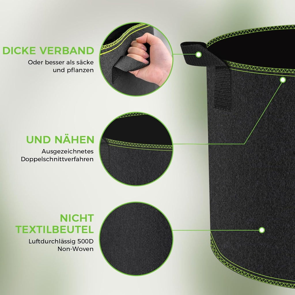 Sac de culture géotextile 22 L — lot de 5 pots en tissu noir