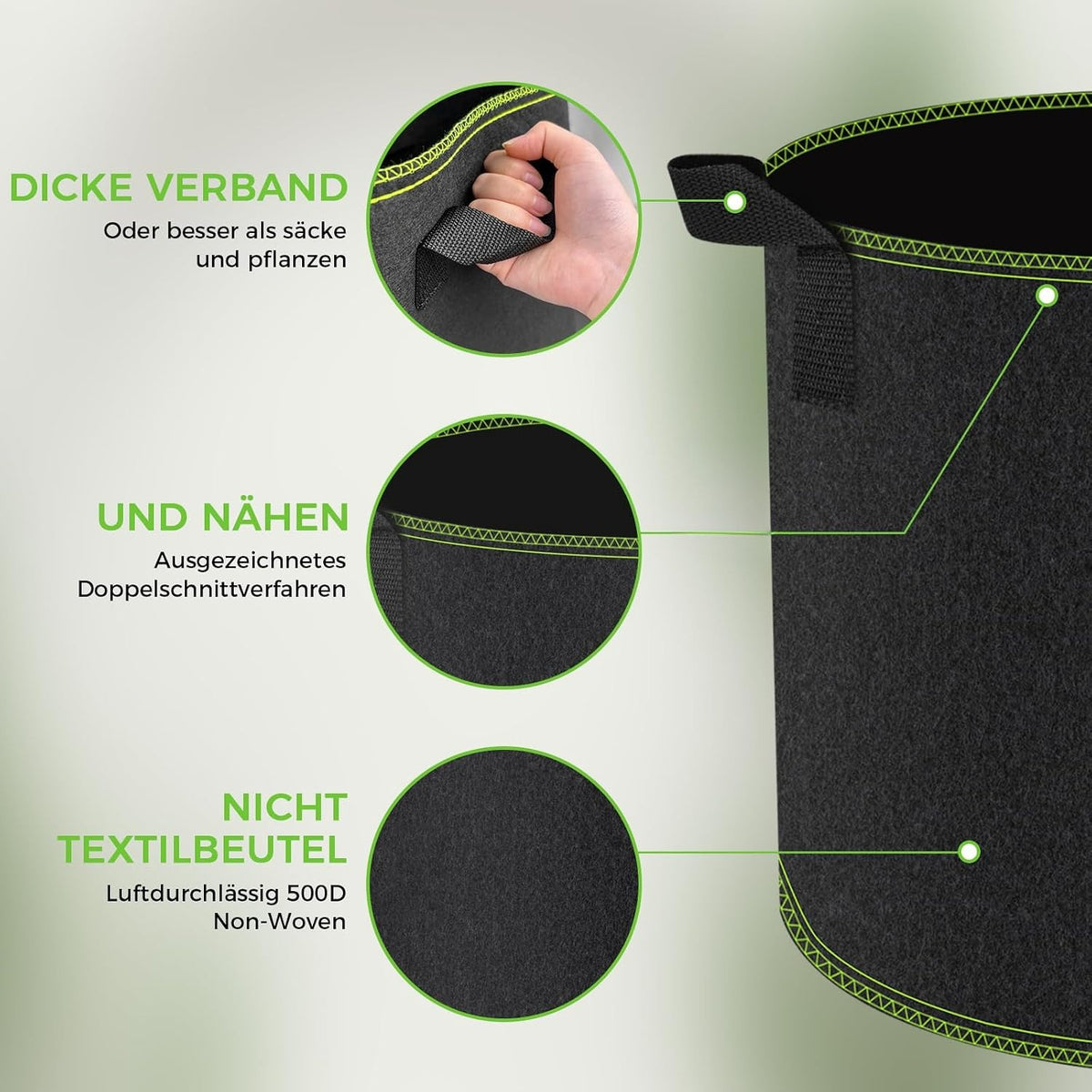 Sac de culture géotextile 22 L — lot de 5 pots en tissu noir
