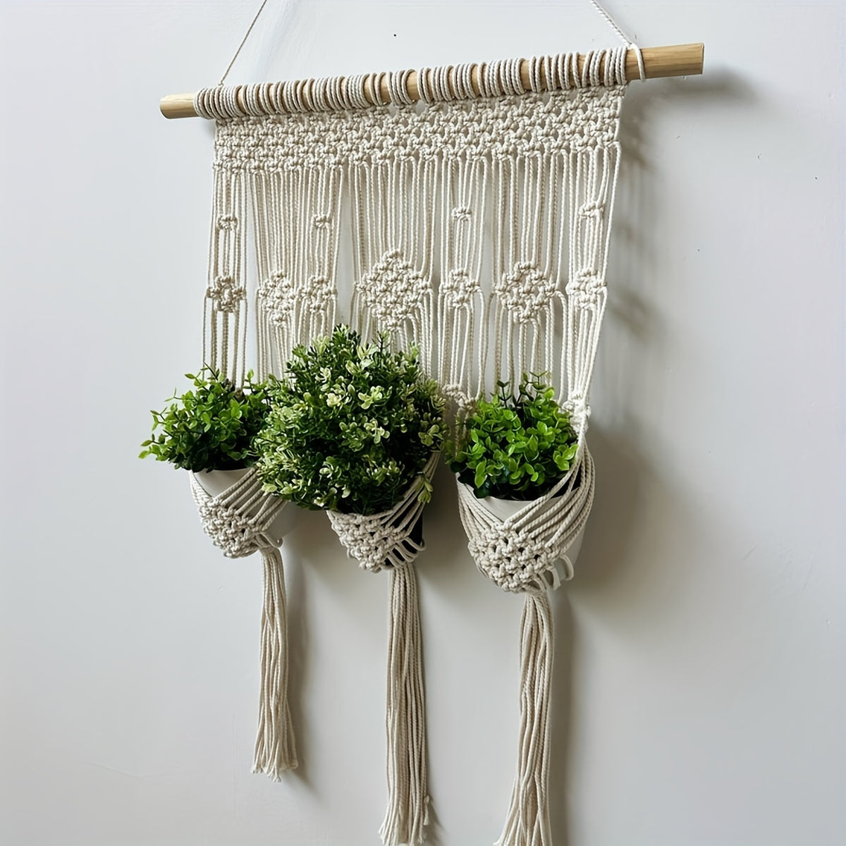 Support mural en macramé pour 3 pots de fleurs, 50x90 cm