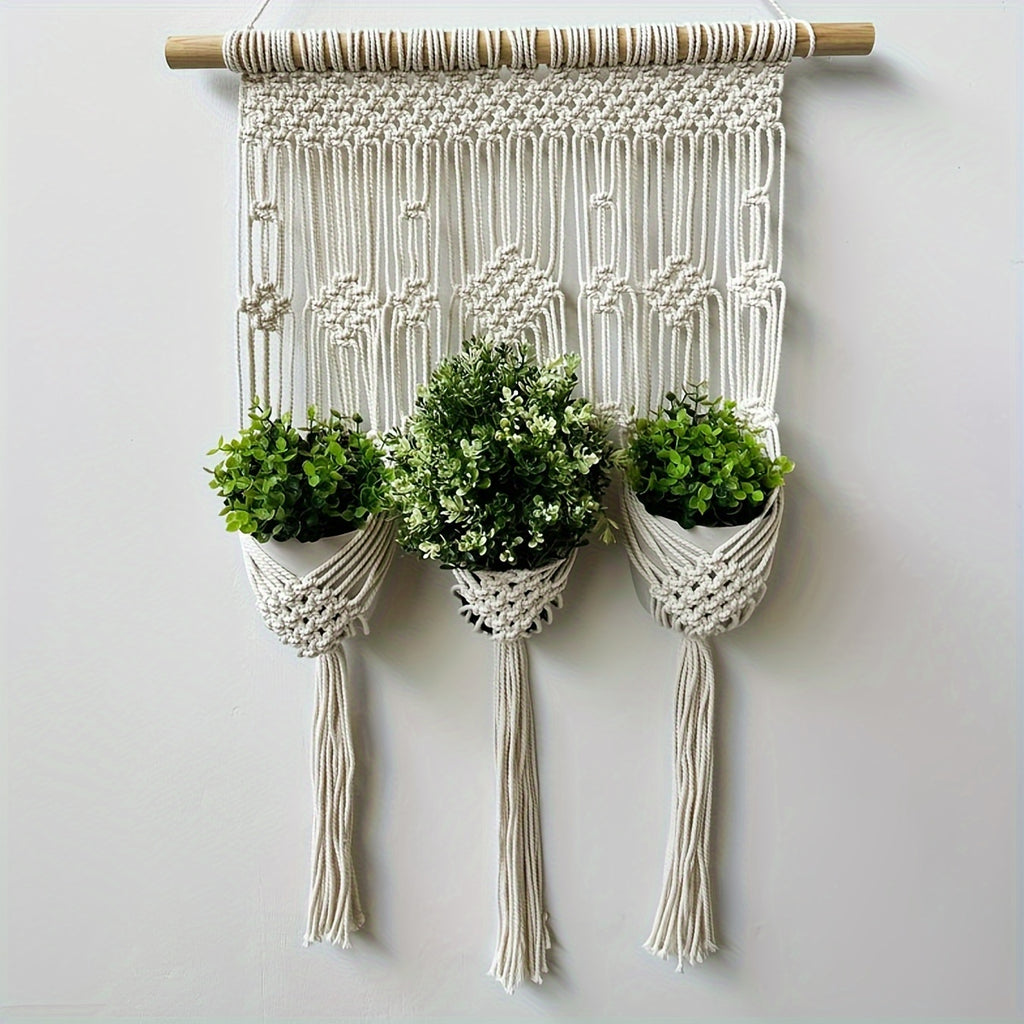 Support mural en macramé pour 3 pots de fleurs, 50x90 cm
