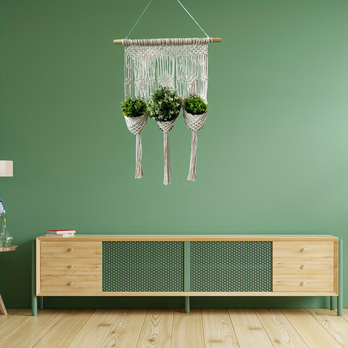 Support mural en macramé pour 3 pots de fleurs, 50x90 cm