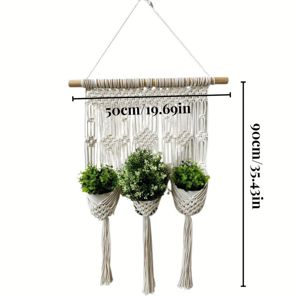 Support mural en macramé pour 3 pots de fleurs, 50x90 cm