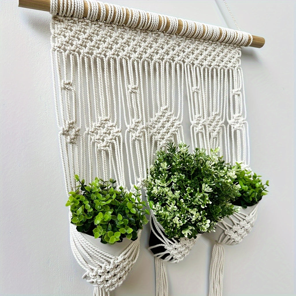 Support mural en macramé pour 3 pots de fleurs, 50x90 cm