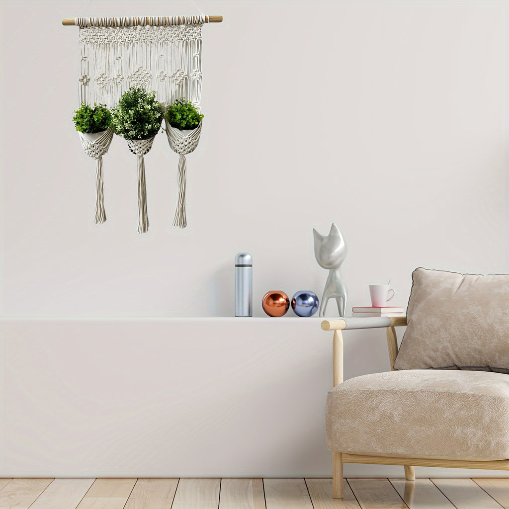 Support mural en macramé pour 3 pots de fleurs, 50x90 cm
