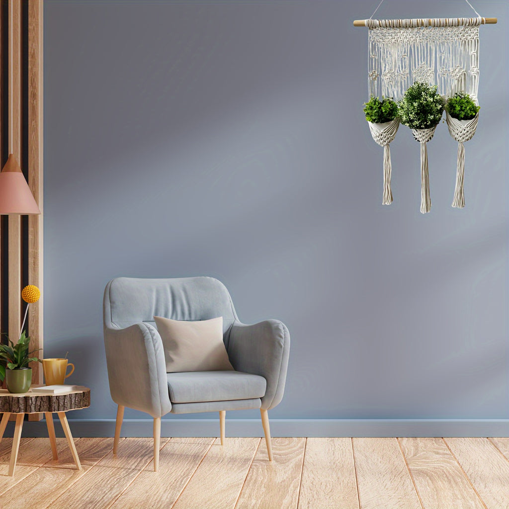 Support mural en macramé pour 3 pots de fleurs, 50x90 cm