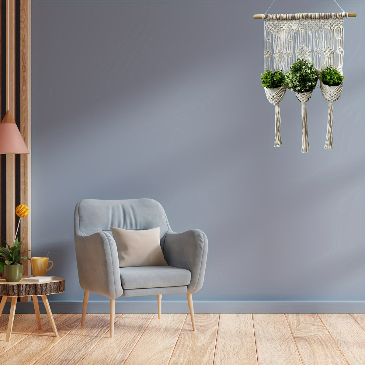 Support mural en macramé pour 3 pots de fleurs, 50x90 cm
