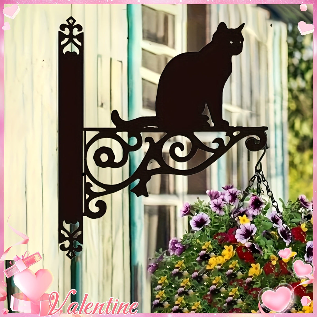 Support mural pour pot de fleur en fer noir, chat assis