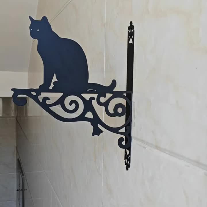 Support mural pour pot de fleur en fer noir, chat assis