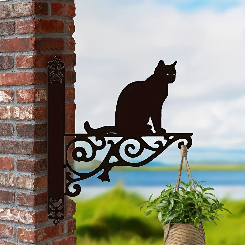 Support mural pour pot de fleur en fer noir, chat assis