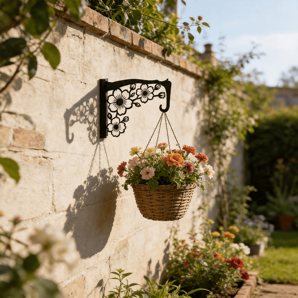 Support mural pour pot de fleur en fer noir, décor floral