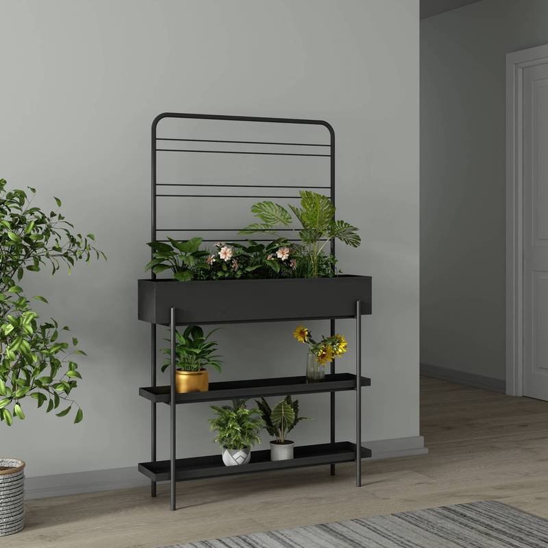 Support pour plantes en métal noir avec bac et treillis 154 cm
