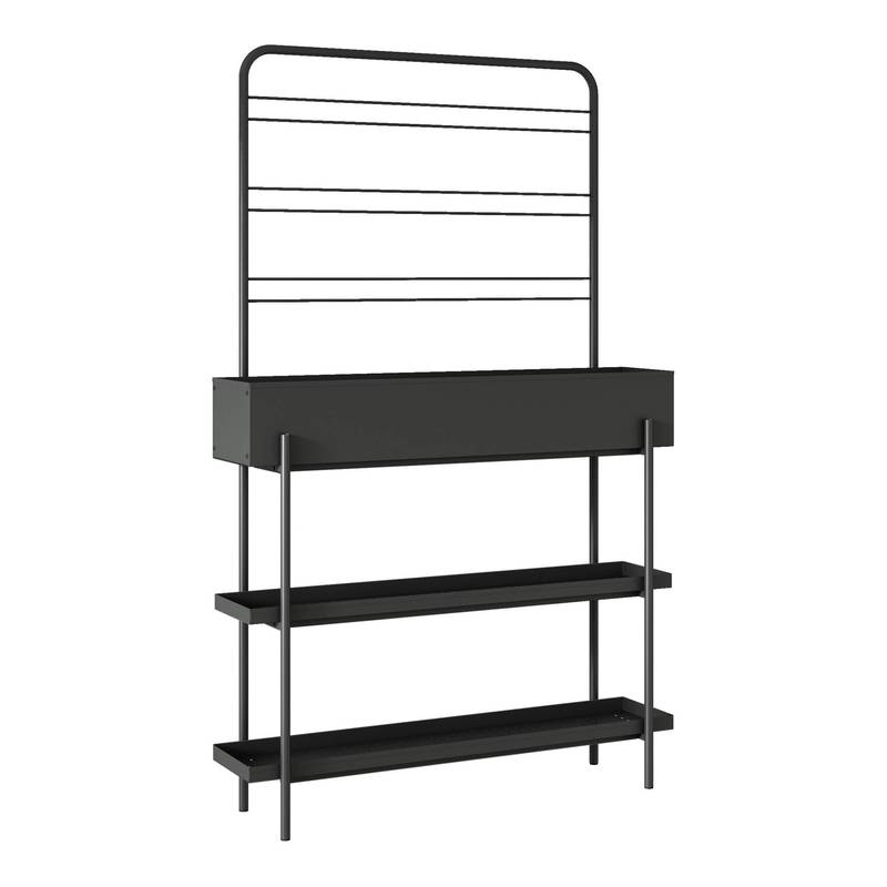 Support pour plantes en métal noir avec bac et treillis 154 cm