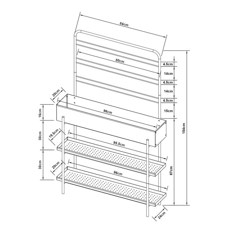 Support pour plantes en métal noir avec bac et treillis 154 cm