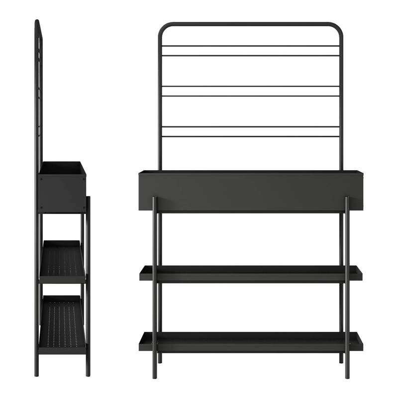 Support pour plantes en métal noir avec bac et treillis 154 cm