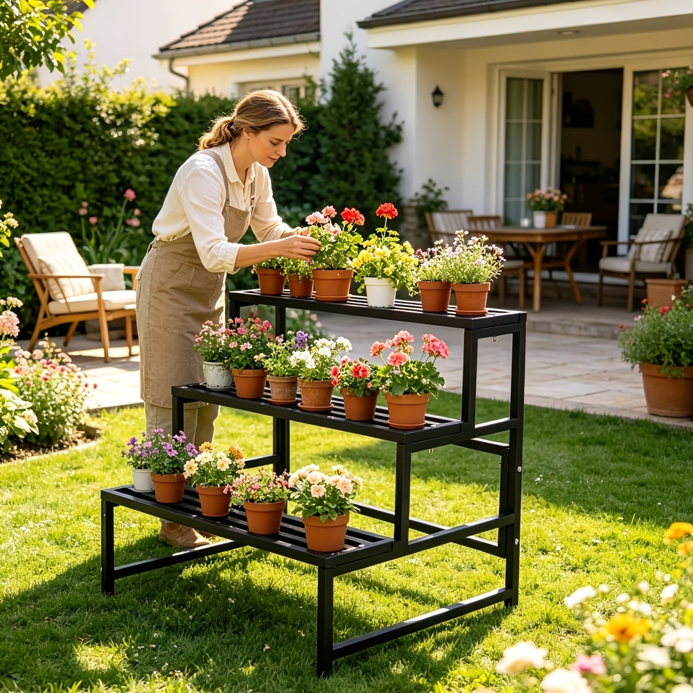 Support pour pot de fleur à 3 niveaux en métal noir 79 cm