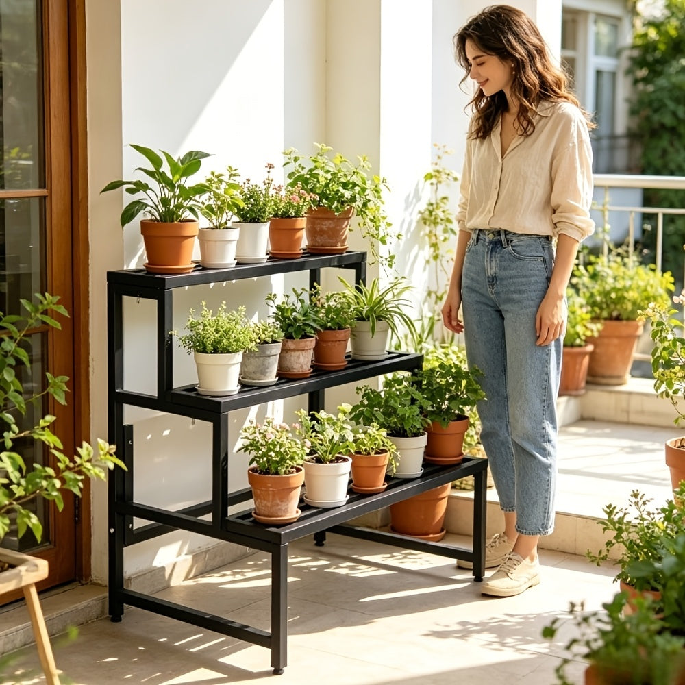 Support pour pot de fleur à 3 niveaux en métal noir 79 cm