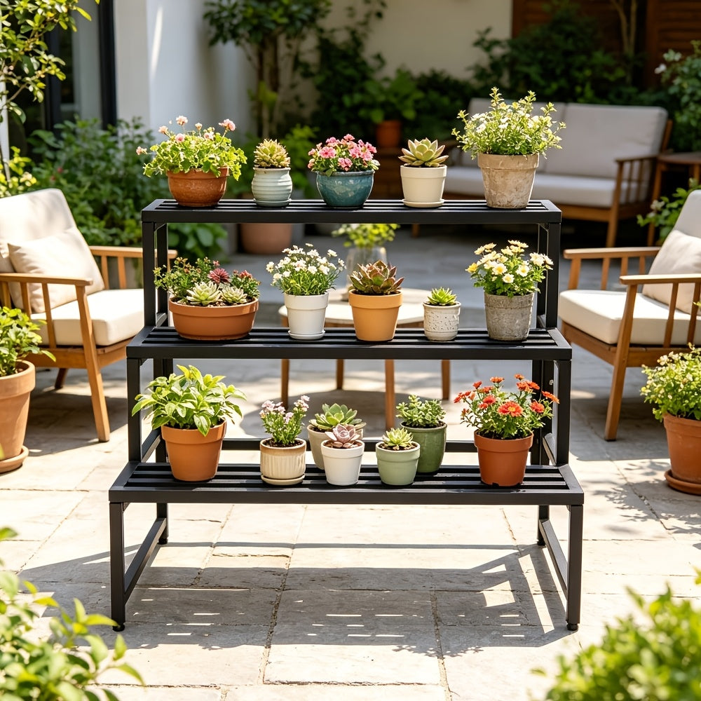 Support pour pot de fleur à 3 niveaux en métal noir 79 cm