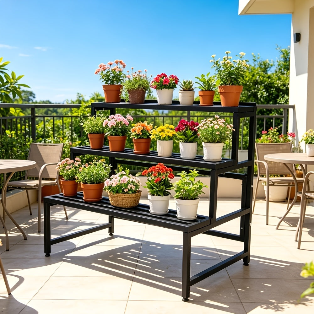 Support pour pot de fleur à 3 niveaux en métal noir 79 cm