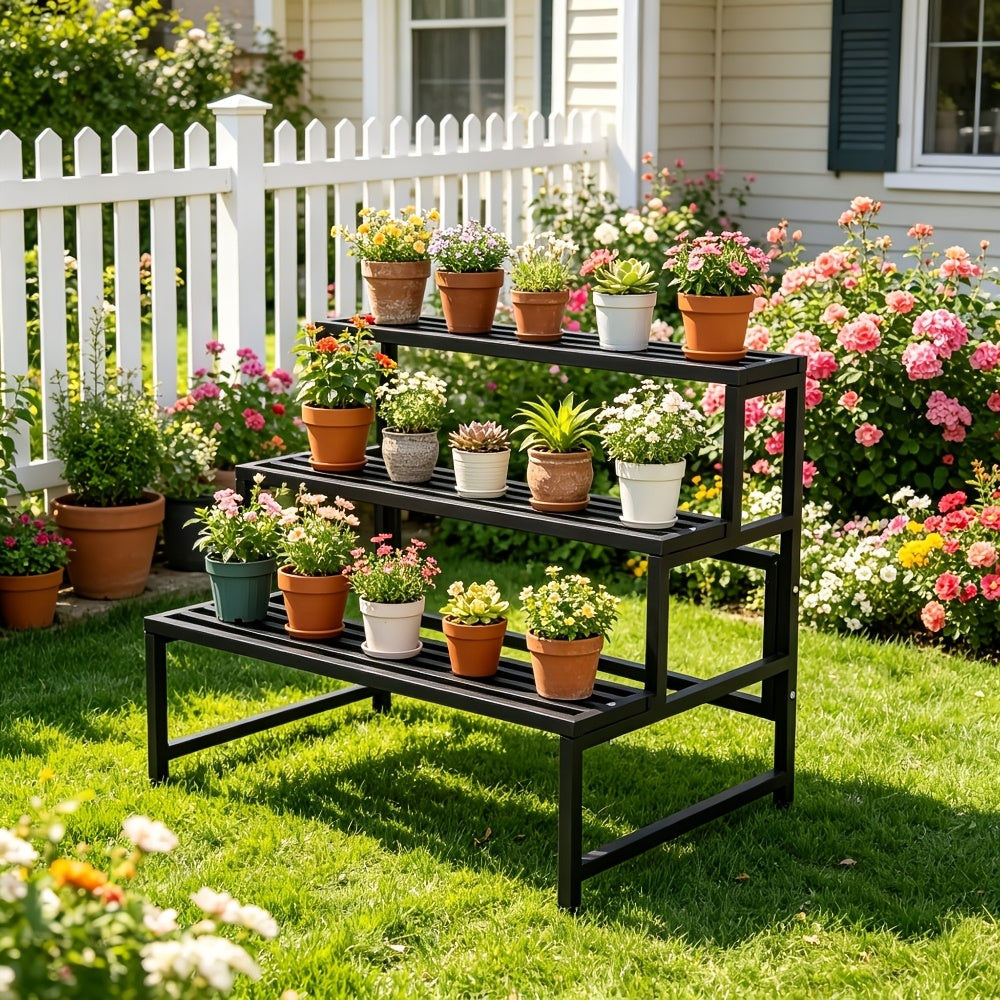 Support pour pot de fleur à 3 niveaux en métal noir 79 cm