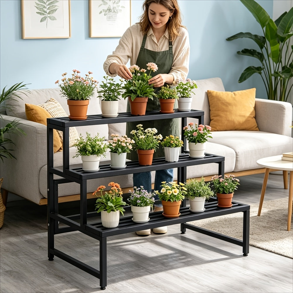 Support pour pot de fleur à 3 niveaux en métal noir 79 cm