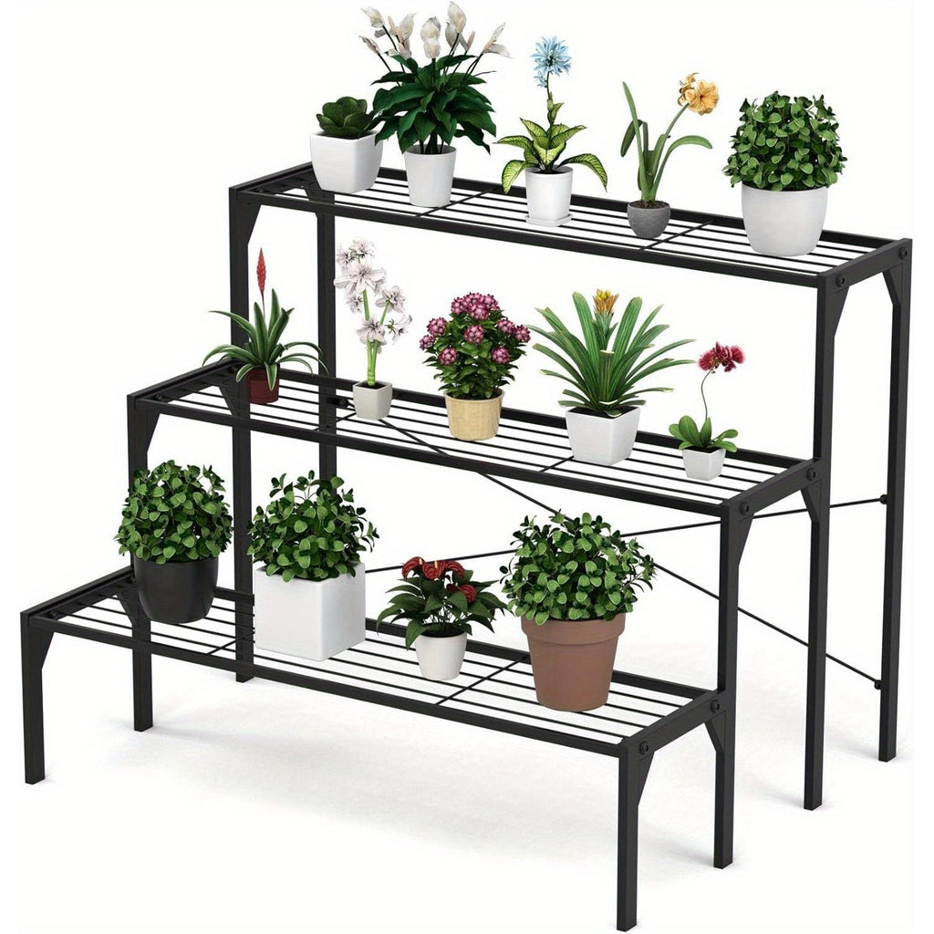 Support pour pot de fleur à 3 niveaux en métal noir, 85 cm