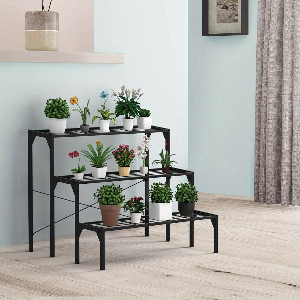 Support pour pot de fleur à 3 niveaux en métal noir, 85 cm