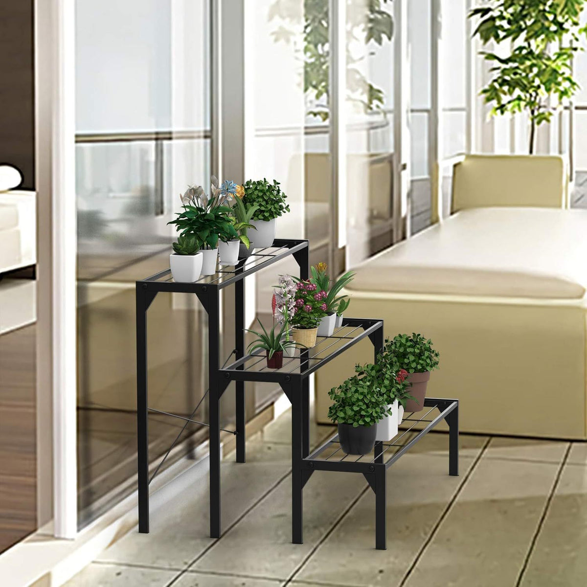 Support pour pot de fleur à 3 niveaux en métal noir, 85 cm