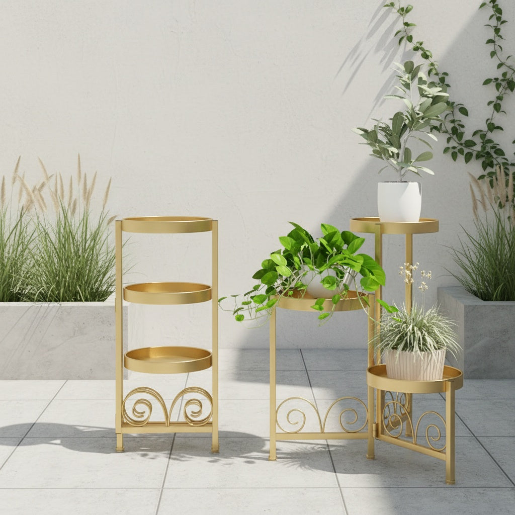 Support pour pot de fleur 3 plateaux ronds, doré ou noir
