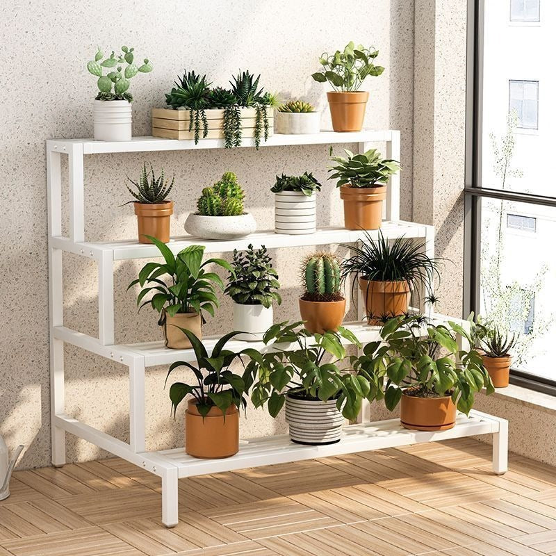 Support pour pot de fleur 4 niveaux en métal blanc 100 cm