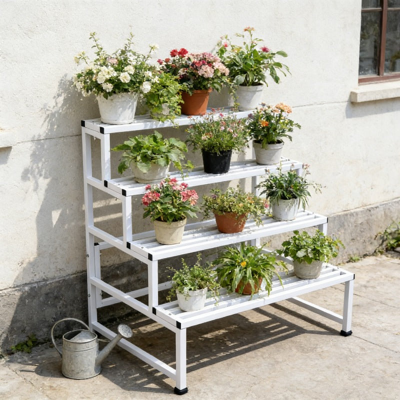 Support pour pot de fleur 4 niveaux en métal blanc 100 cm