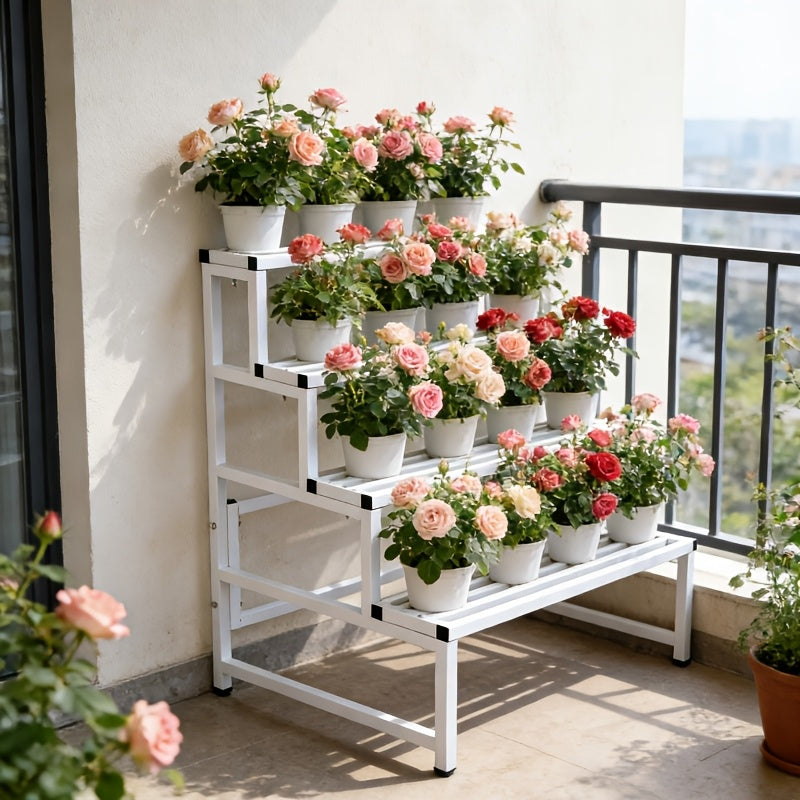 Support pour pot de fleur 4 niveaux en métal blanc 100 cm