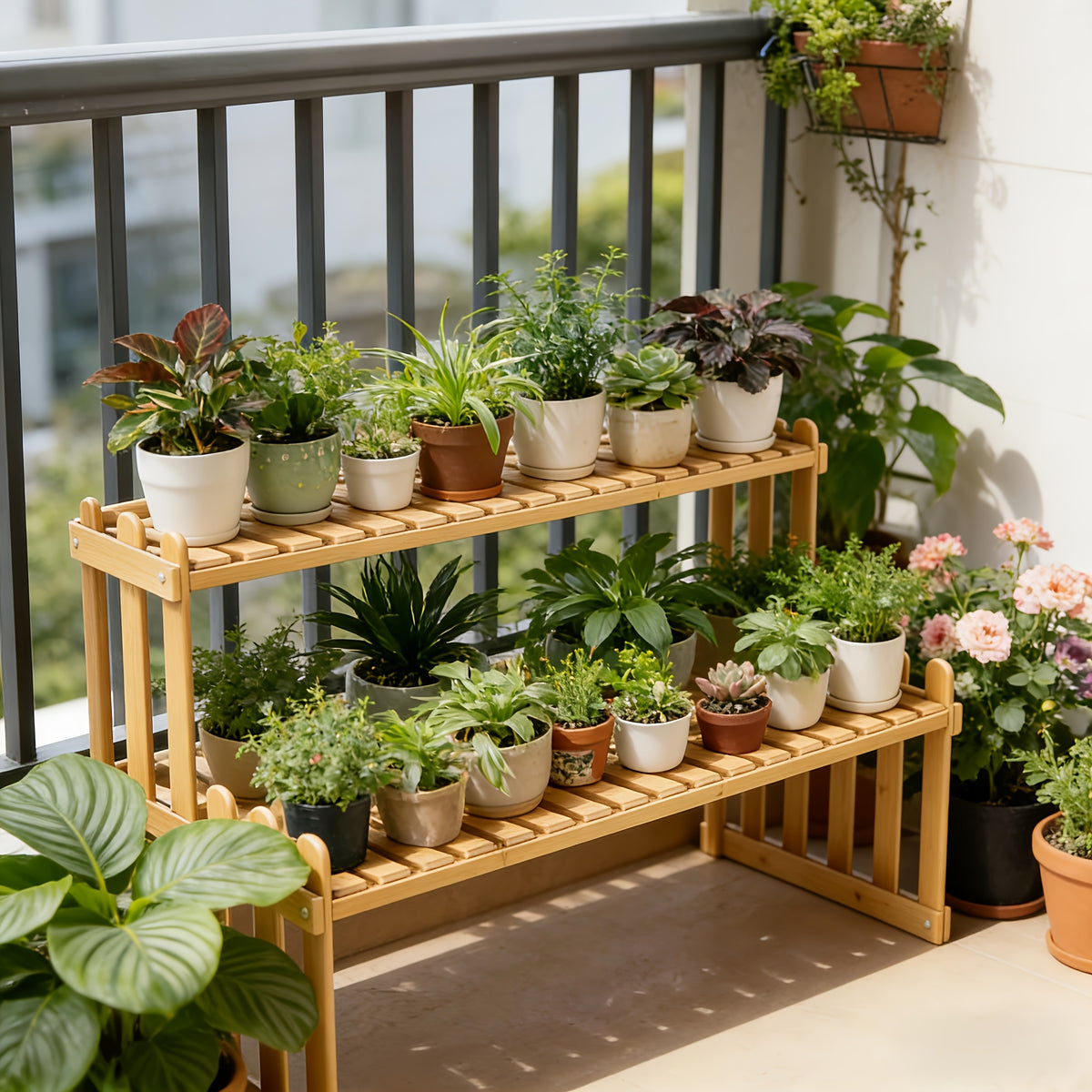 Support pour pot de fleur en bois massif 2 niveaux 50 cm