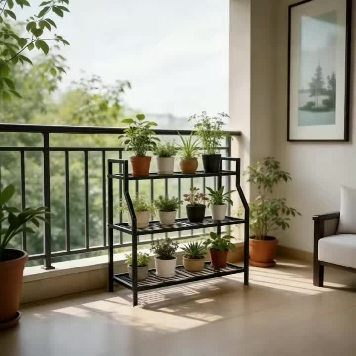 Support pour pot de fleur d'extérieur en acier noir 3 niveaux