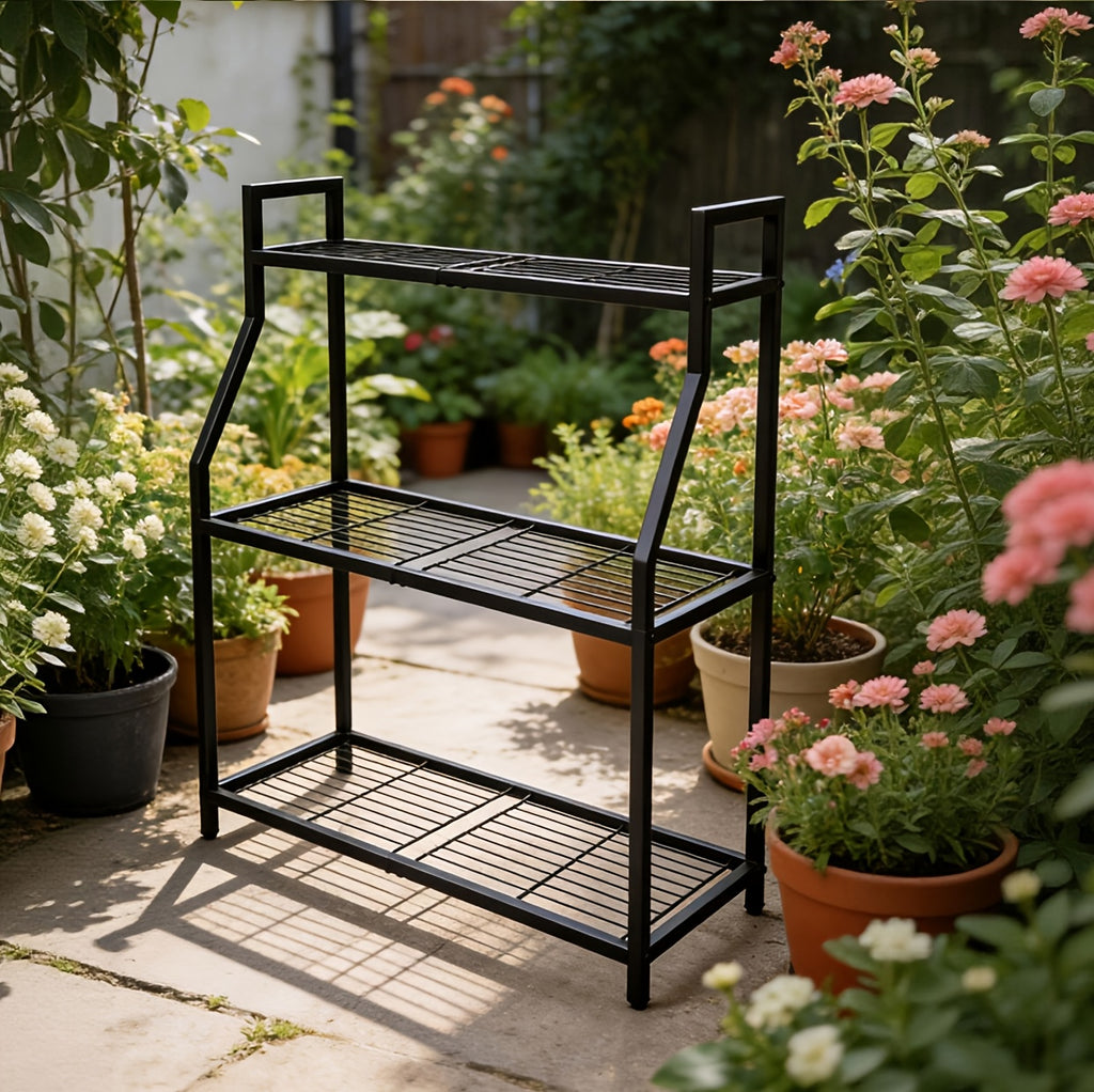 Support pour pot de fleur d'extérieur en acier noir 3 niveaux